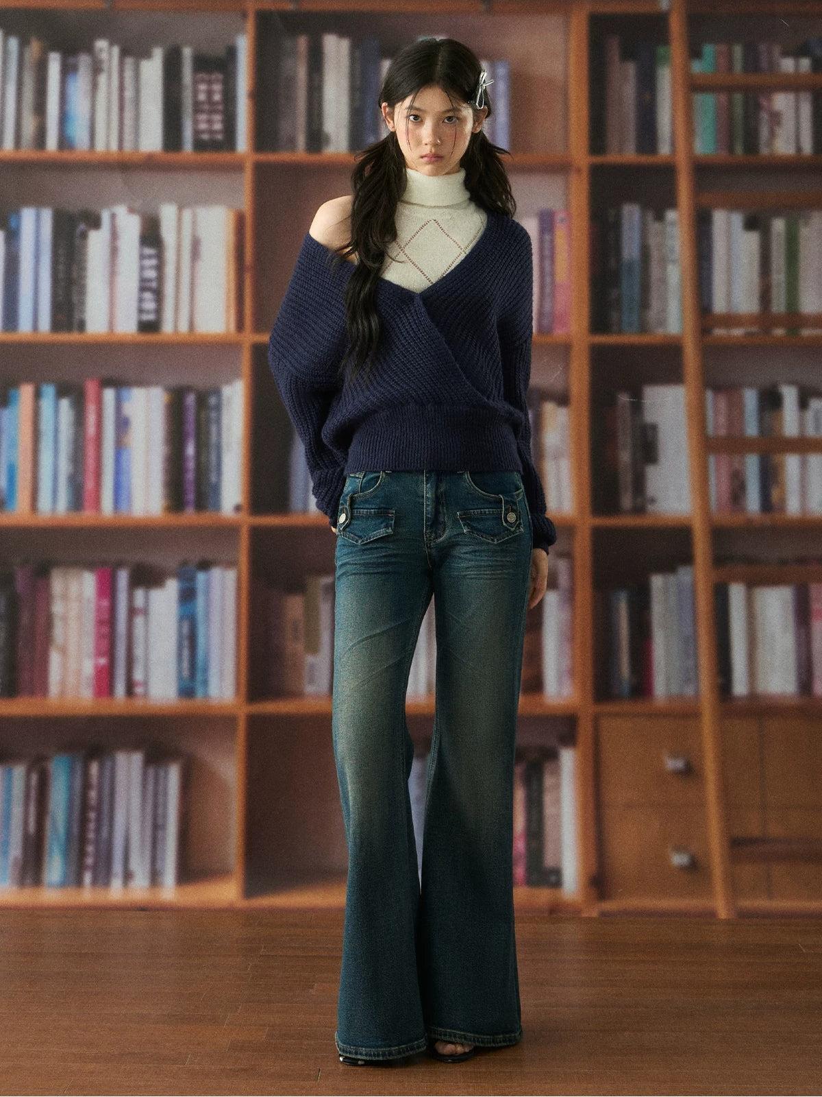 Oversized Deep V-Neck Wool Knit Sweater