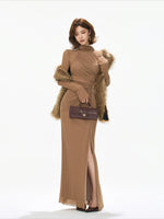 Caramel Ruched Turtleneck Slit Dress