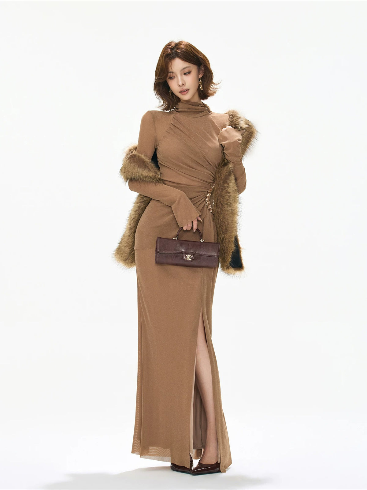 Caramel Ruched Turtleneck Slit Dress