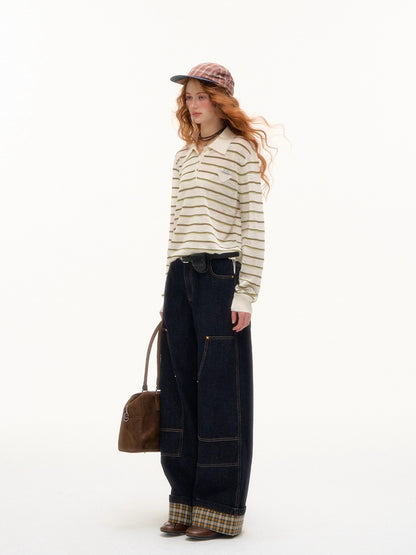 Yellow &amp; Red Plaid Hem Denim Pants
