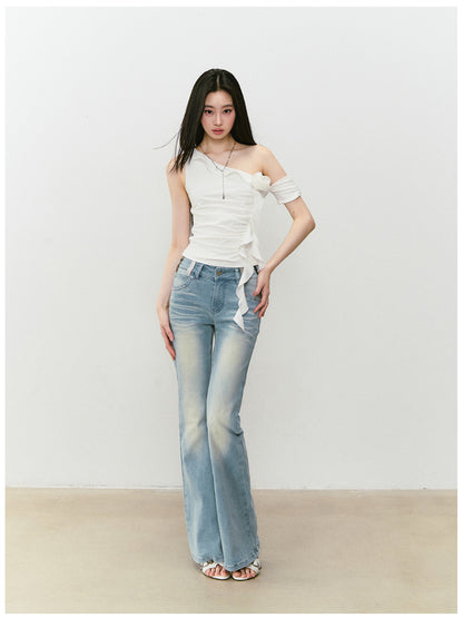 Color-Block Washed Flared Jeans