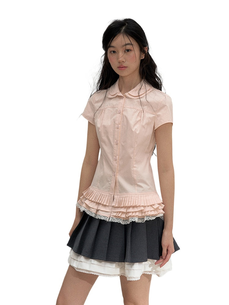 Pink Embroidered Collar Lace Shirt