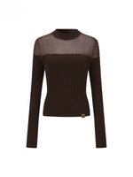 Sheer Mesh Mock Neck Fitted Knit Top