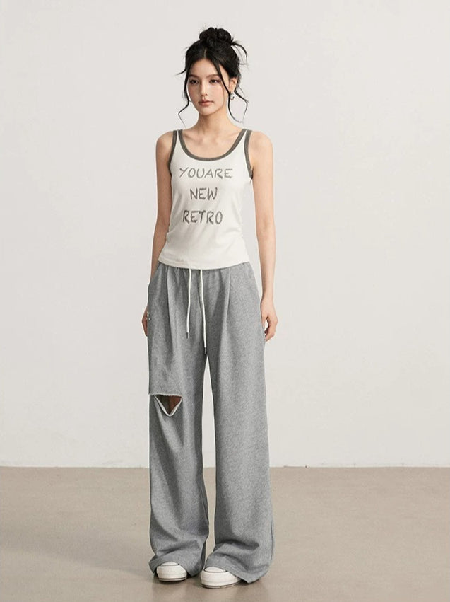 Gray &amp; Beige Distressed Wide-Leg Pants