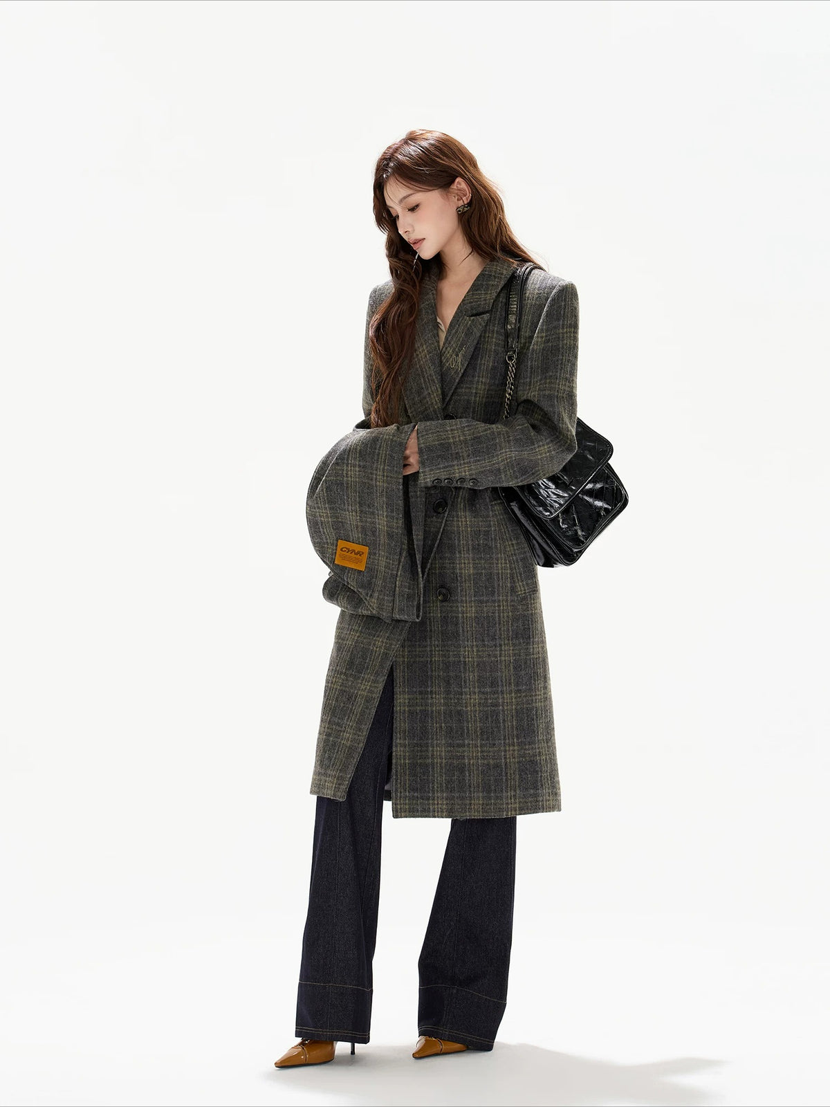 Gray Plaid Detachable Scarf Wool Coat