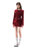 Metallic-Tweed Cinched Jacket Low-Rise Skirt Set