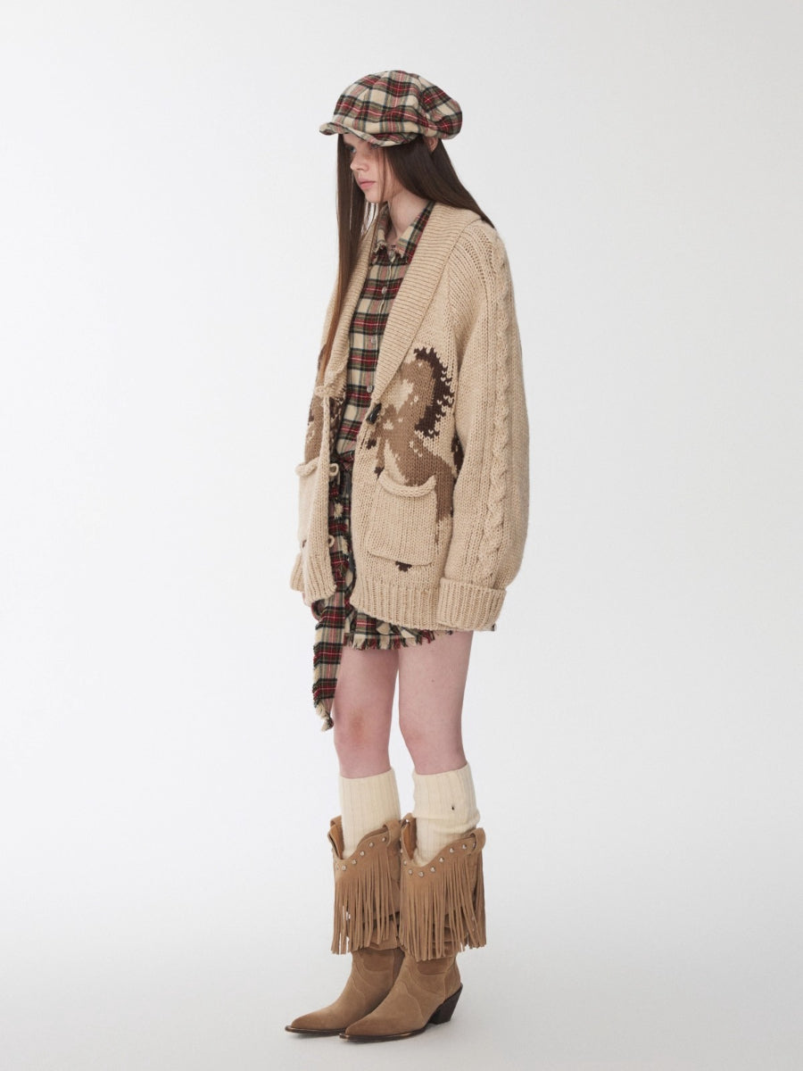 Pony Jacquard Horn-Button Chunky Cardigan