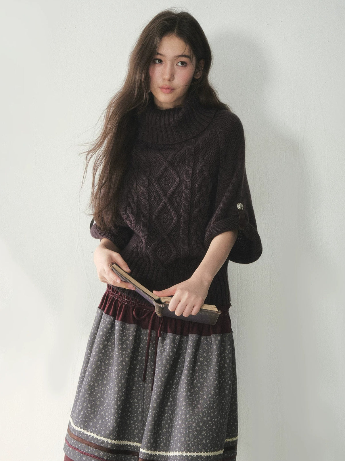 Cable Knit Turtleneck Cape Sweater