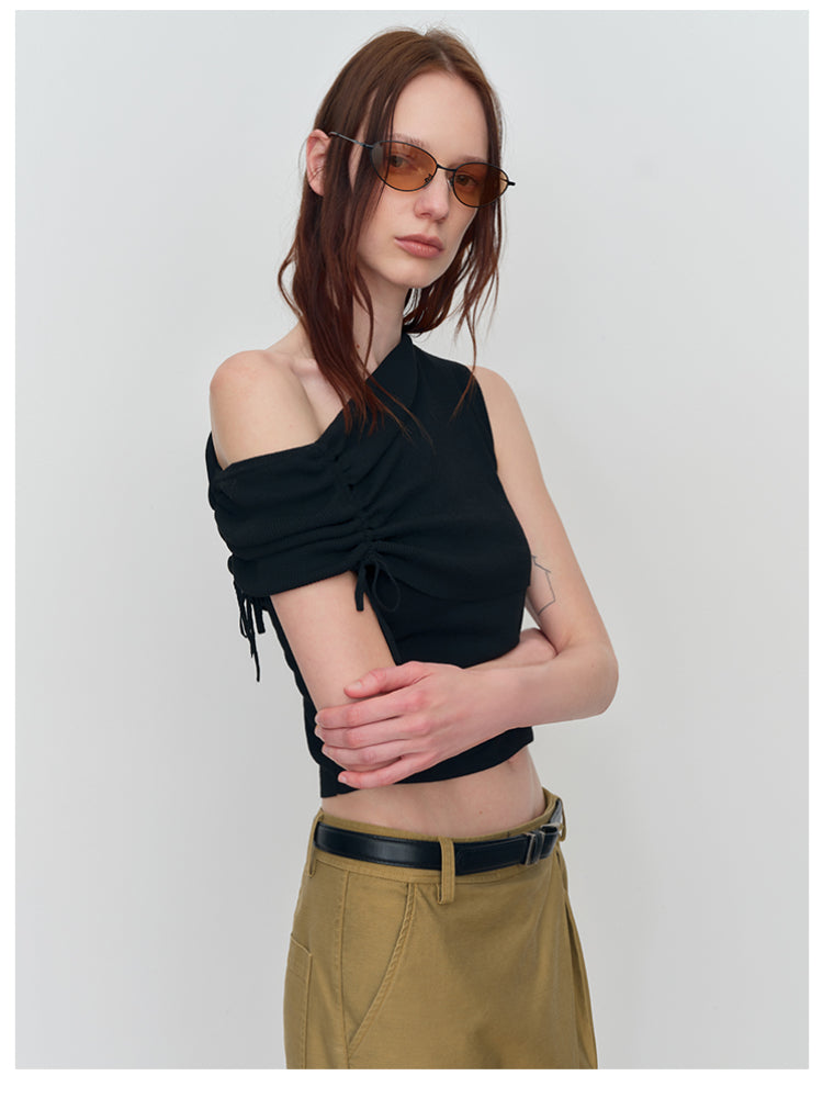 Asymmetric Drawstring Ruched One-Shoulder Tank Top
