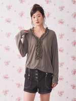 Ruffle Drawstring Knit Top
