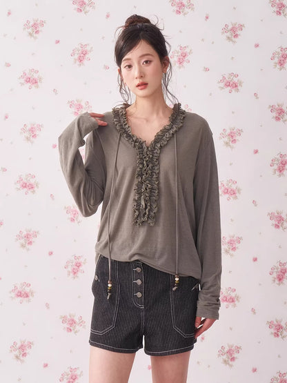 Ruffle Drawstring Knit Top