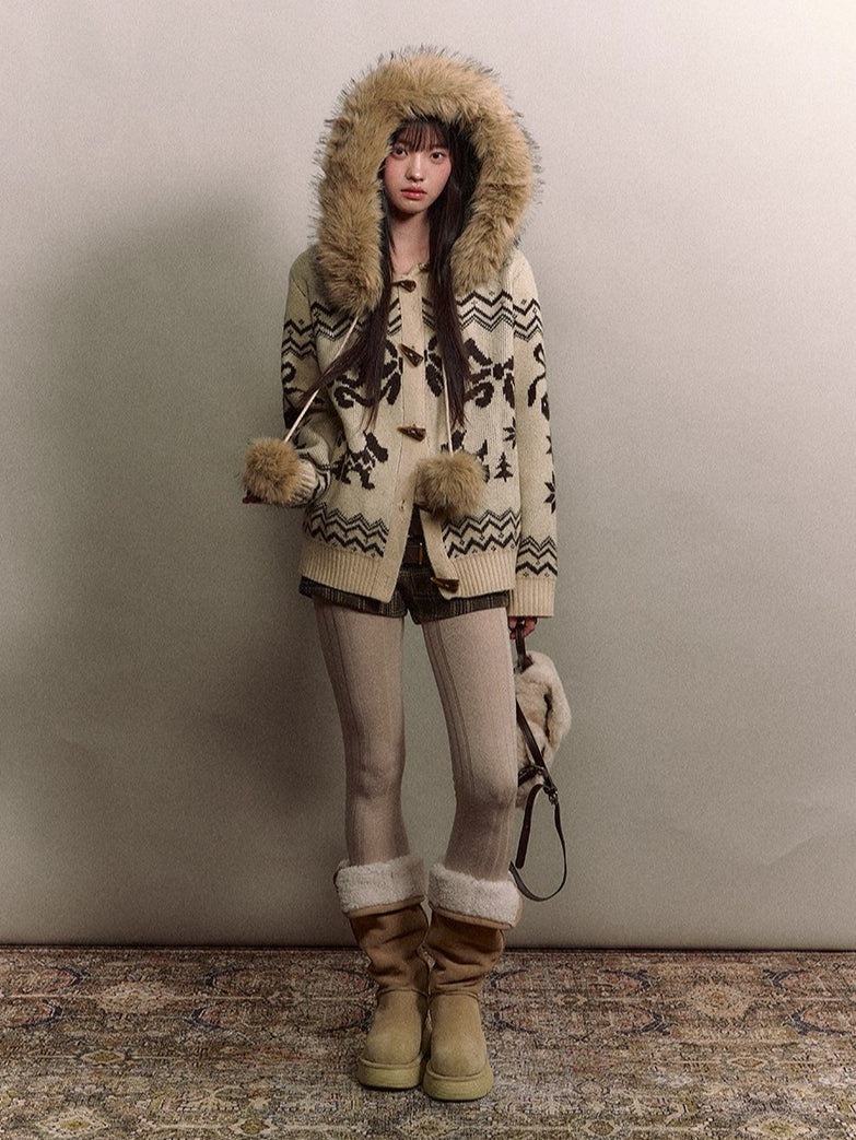 Fair Isle Fur Collar Toggle Knit Coat