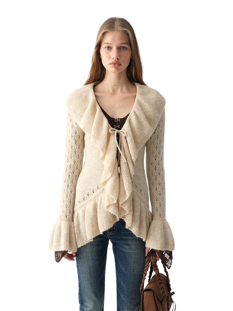 Two-Tone Openwork Ruffle Longline Cardigan