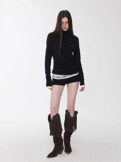 Rhinestone High Neck Raglan Knit Top