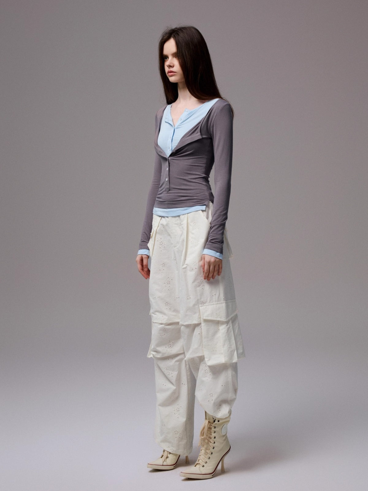 Contrast Layered Henley Blouse