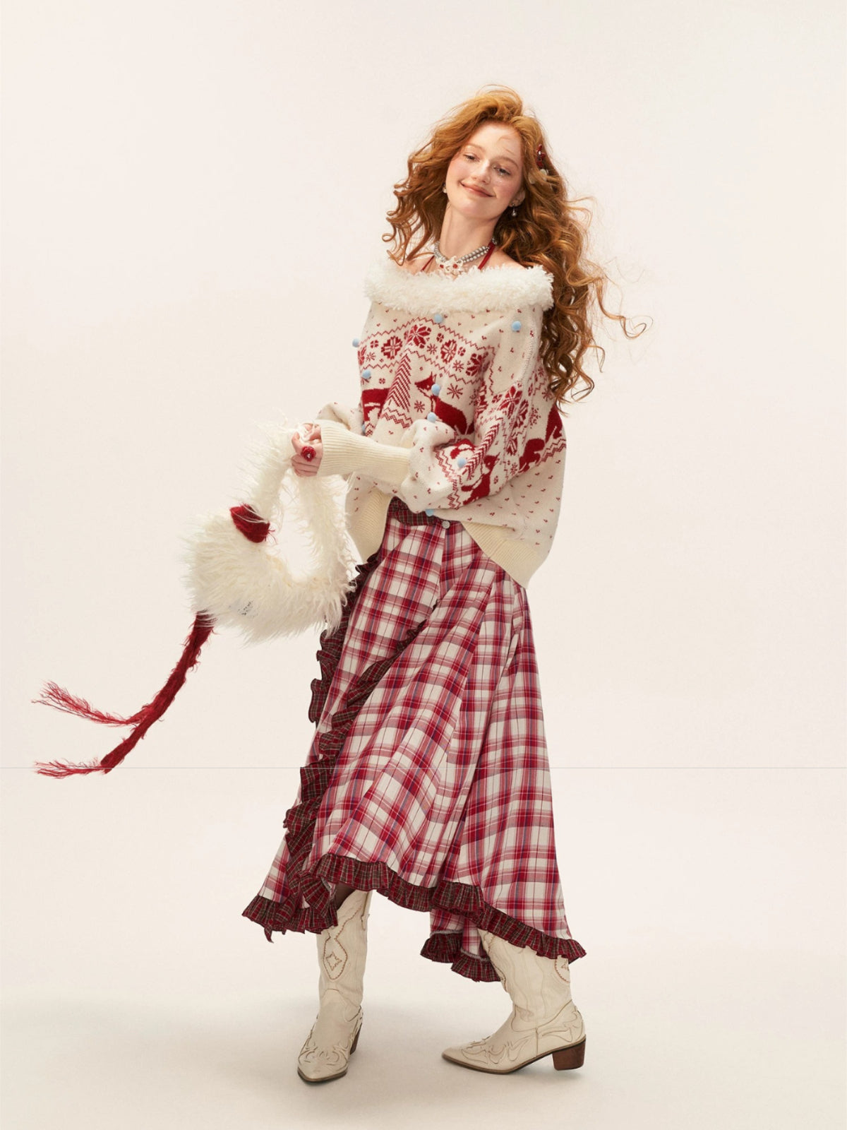Asymmetric Ruffle Plaid Midi Skirt