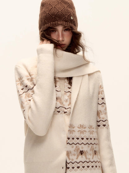 Fair Isle Knit Cardigan and Scarf Set
