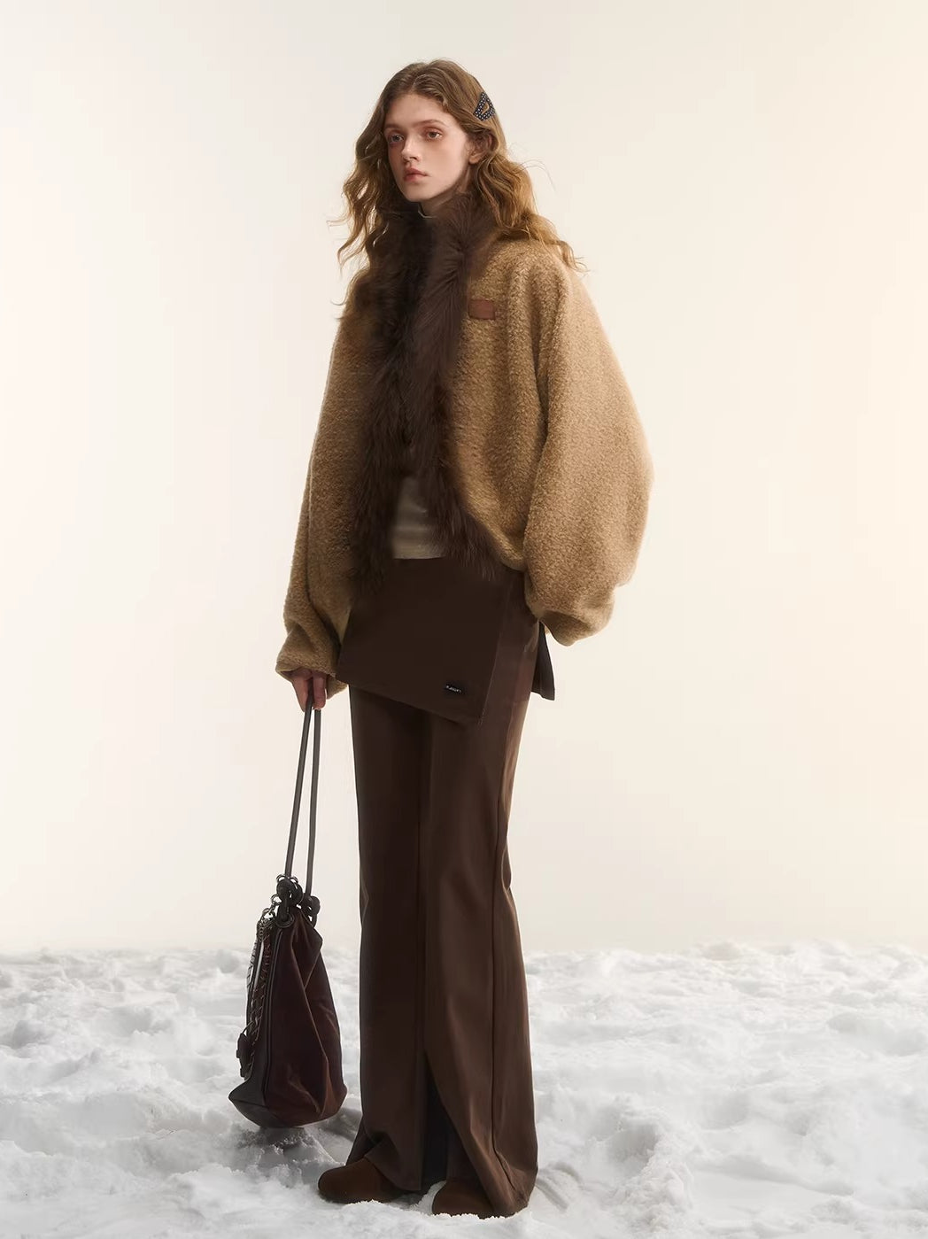 Camel Wool Fur Collar Cape Jacket