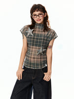 Vintage Plaid Mesh Short Sleeve Top