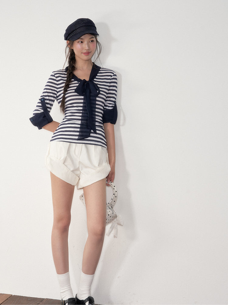 Striped Ribbon Cuffed T-shirt