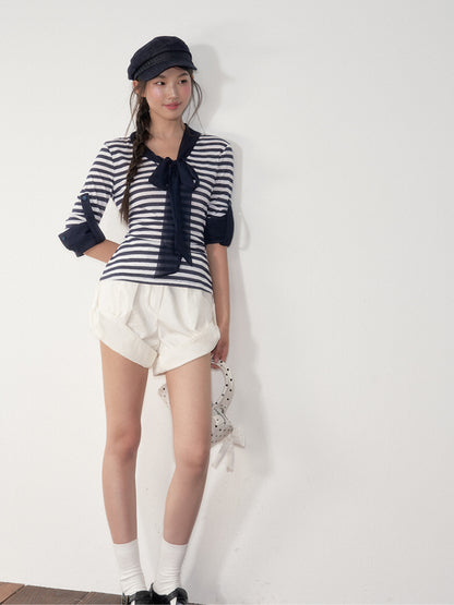 Striped Ribbon Cuffed T-shirt