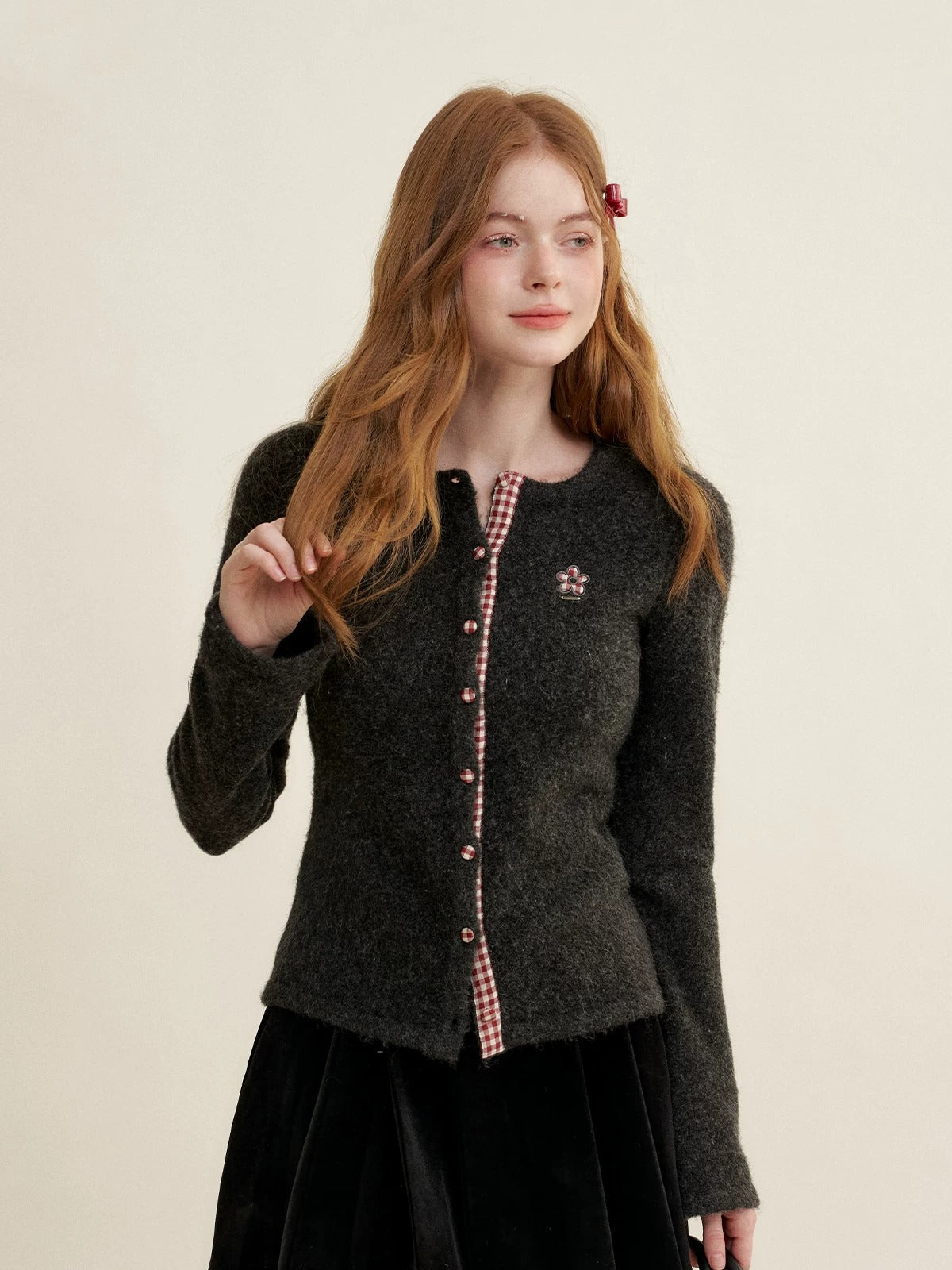 Gray Plaid Trim Cardigan