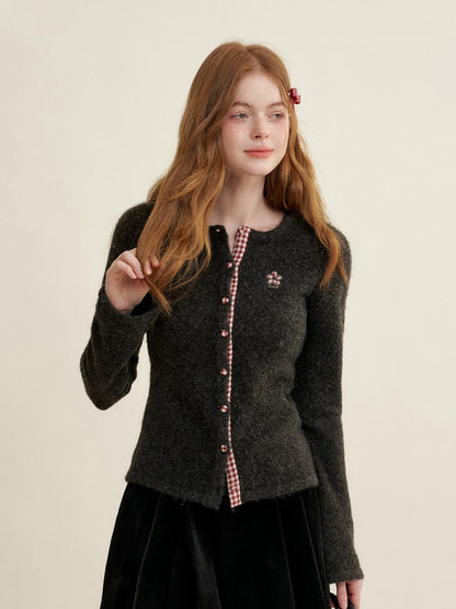 Gray Plaid Trim Cardigan