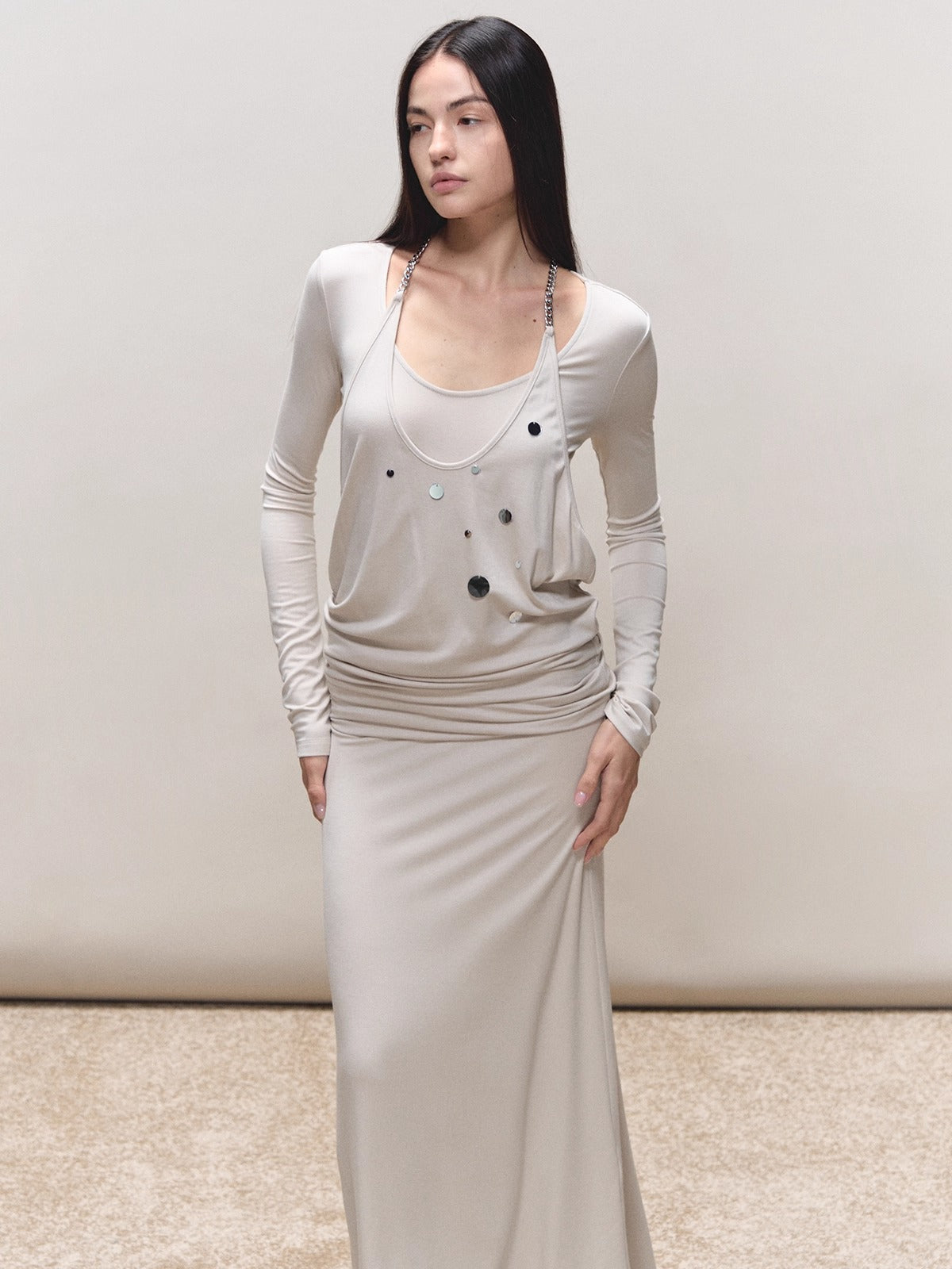 Faux-Two-Piece Halter Sequin Maxi Dress