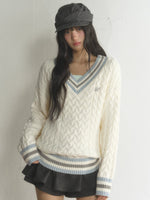 Preppy Contrast V-Neck Cable-Knit Sweater