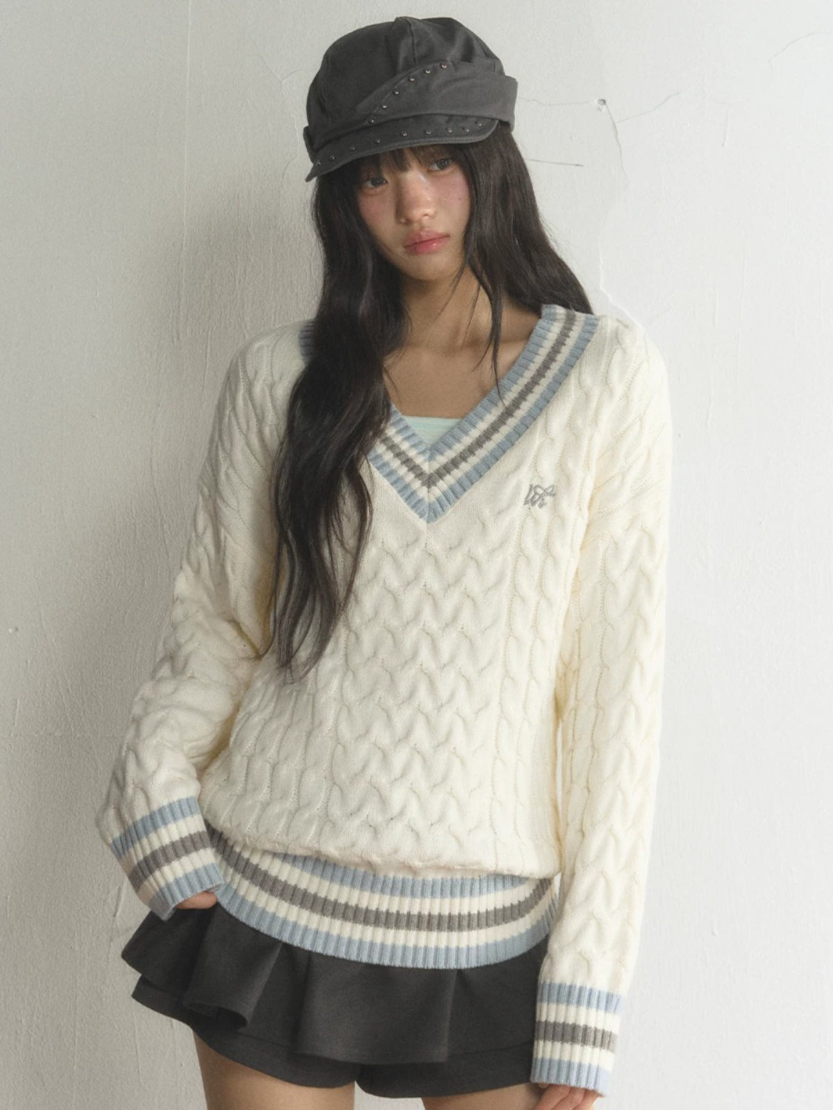 Preppy Contrast V-Neck Cable-Knit Sweater