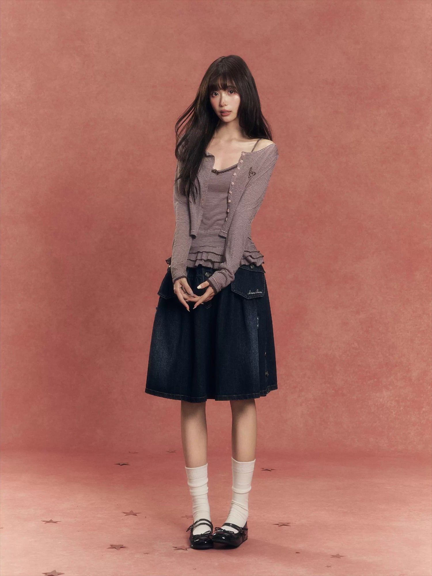 Lyocell Stripe Cardigan &amp; Lace-Trim Cami Set