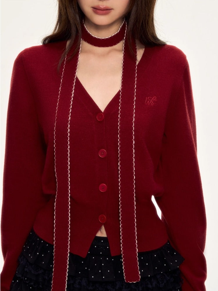 Vintage Red V-neck Knit Cardigan