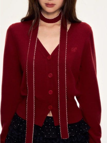 Vintage Red V-neck Knit Cardigan