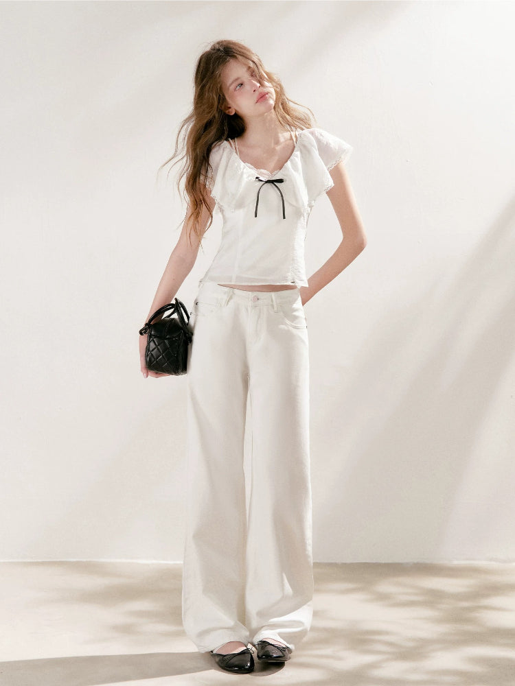 Contrast Bow V-Neck Ruffled Top