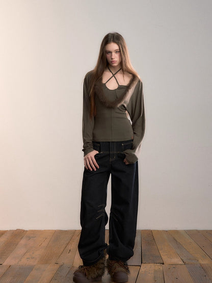 Fox-Trim Halter Knit Top