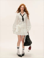 White Textured Bow Detail Shirt Dress