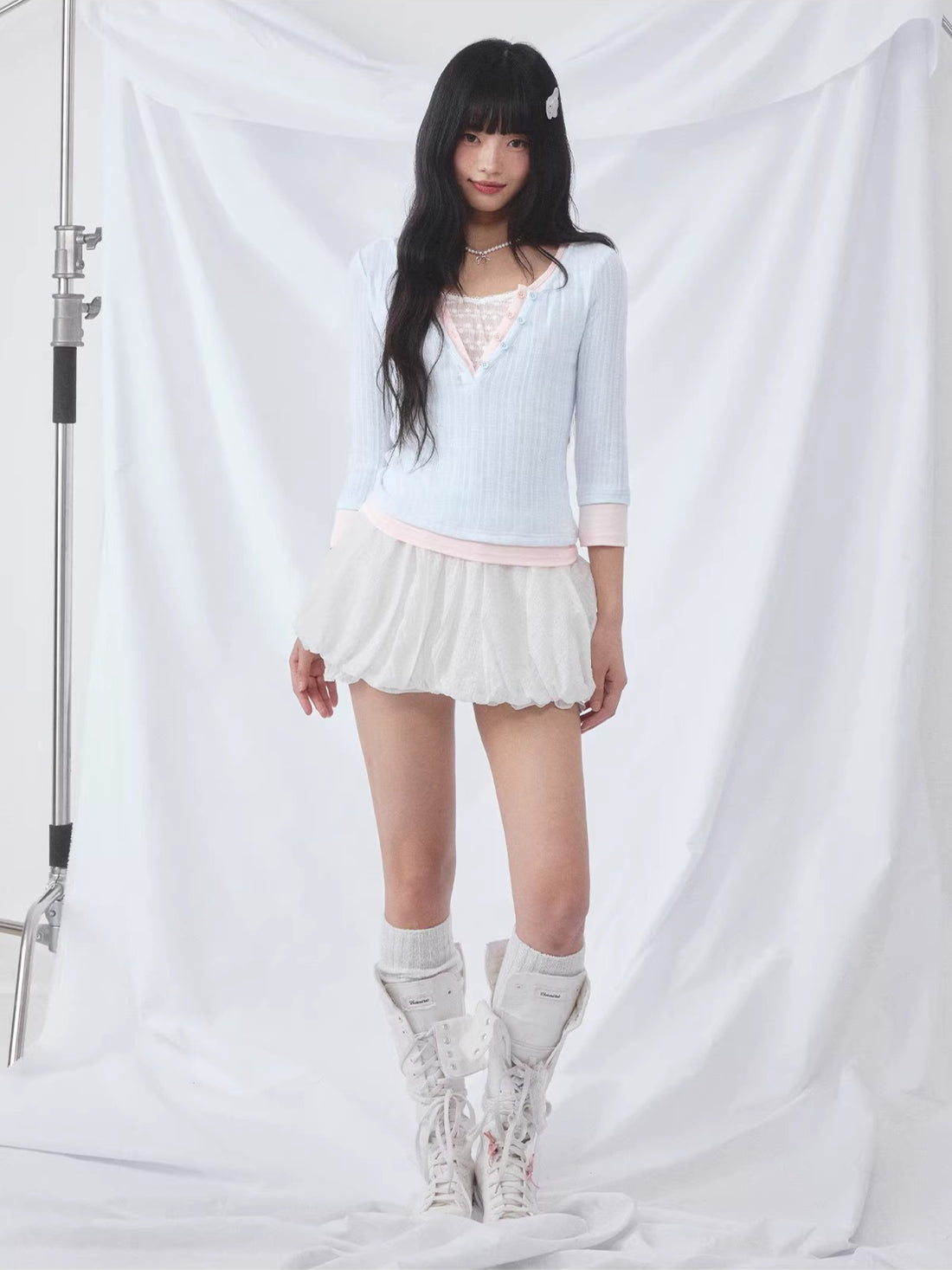Light Blue Lace Panel Layered Top
