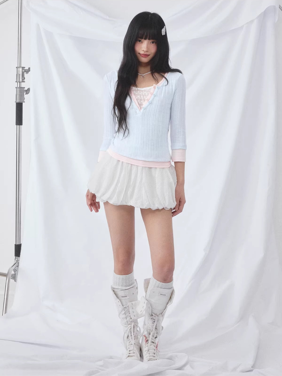 Light Blue Lace Panel Layered Top