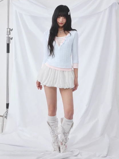Light Blue Lace Panel Layered Top