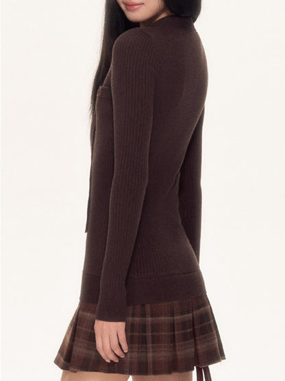 Dark Coffee Plaid Pleated Knit Dress