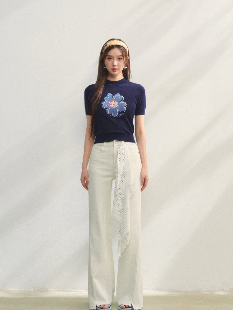 Floral Embroidered Crew Neck Short-Sleeve Knit Top