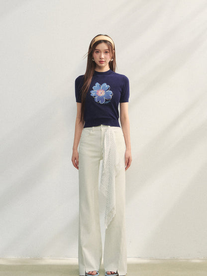 Floral Embroidered Crew Neck Short-Sleeve Knit Top