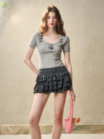 Gray Plaid Doll Collar Lace Waist Shirt & Cami Set