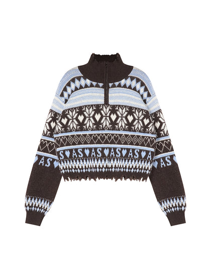 Fair Isle Half-Zip Fringed Knit Sweater