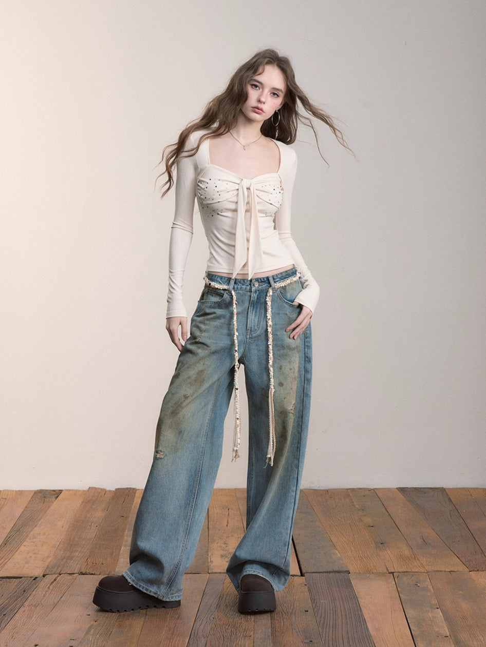Distressed Wide-Leg Denim Pants