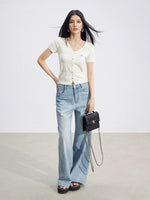 V-Neck Hollow Knit Top