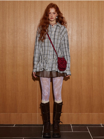 Drawstring Hem Plaid Long Shirt