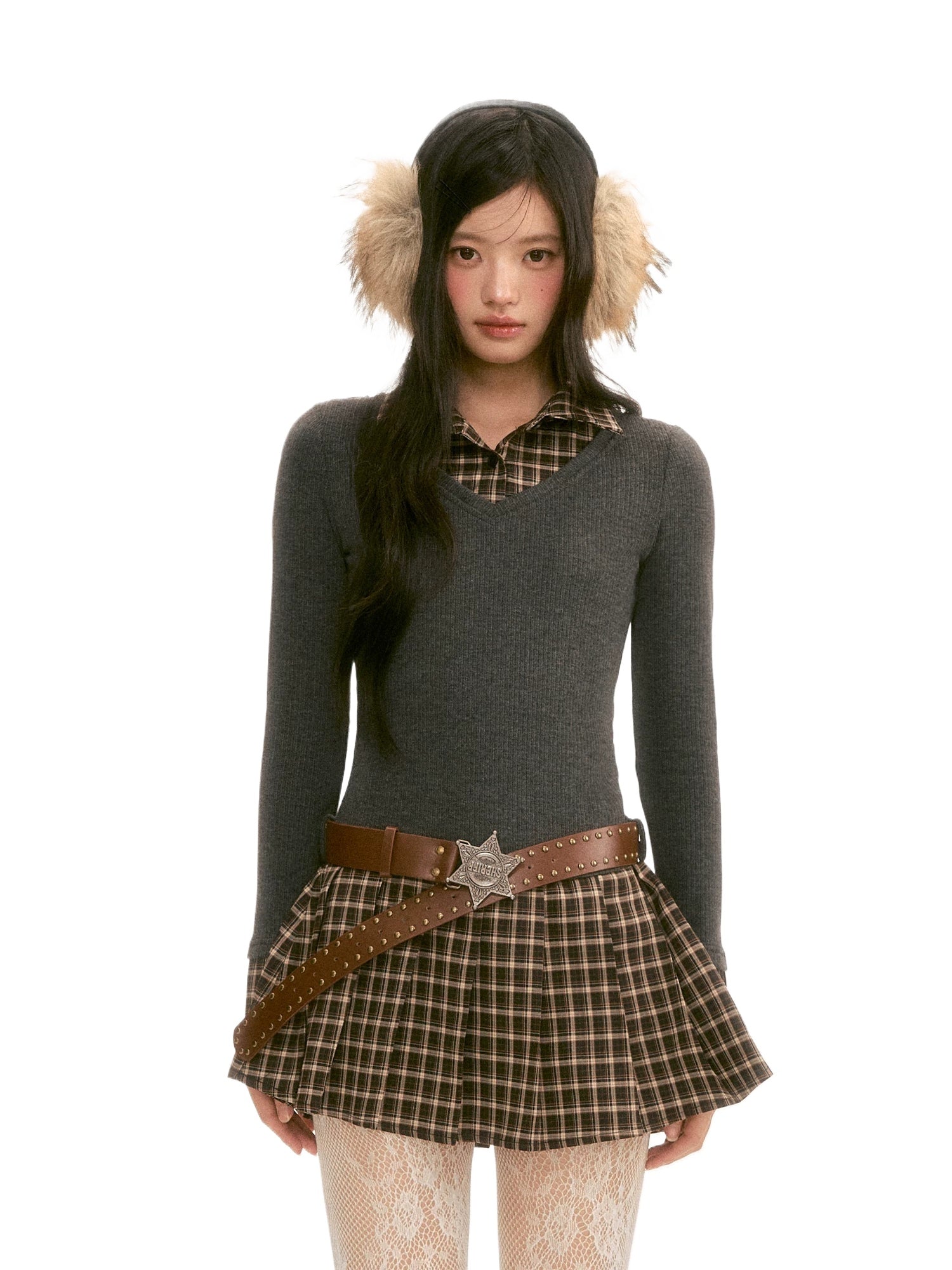 Gray Plaid Knit Midi Dress