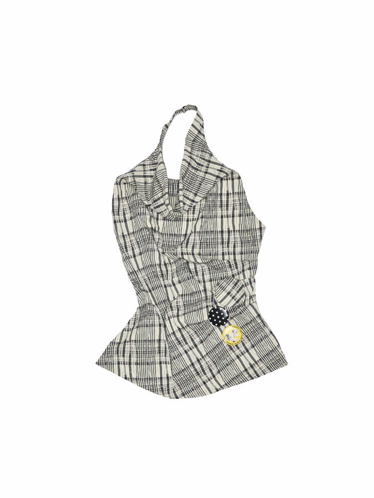 Plaid Halter Neck Backless Tank Top &amp; Midi Skirt Set