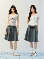 Gray Asym Pleat Midi Skirt